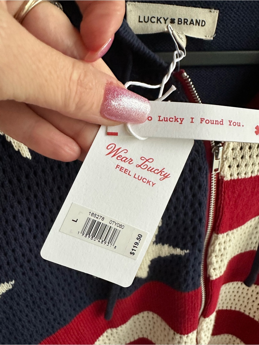 Lucky Brand Red, White & Navy Americana Zip Hoodie Cardigan NWT Size Large - Picture 4 of 4